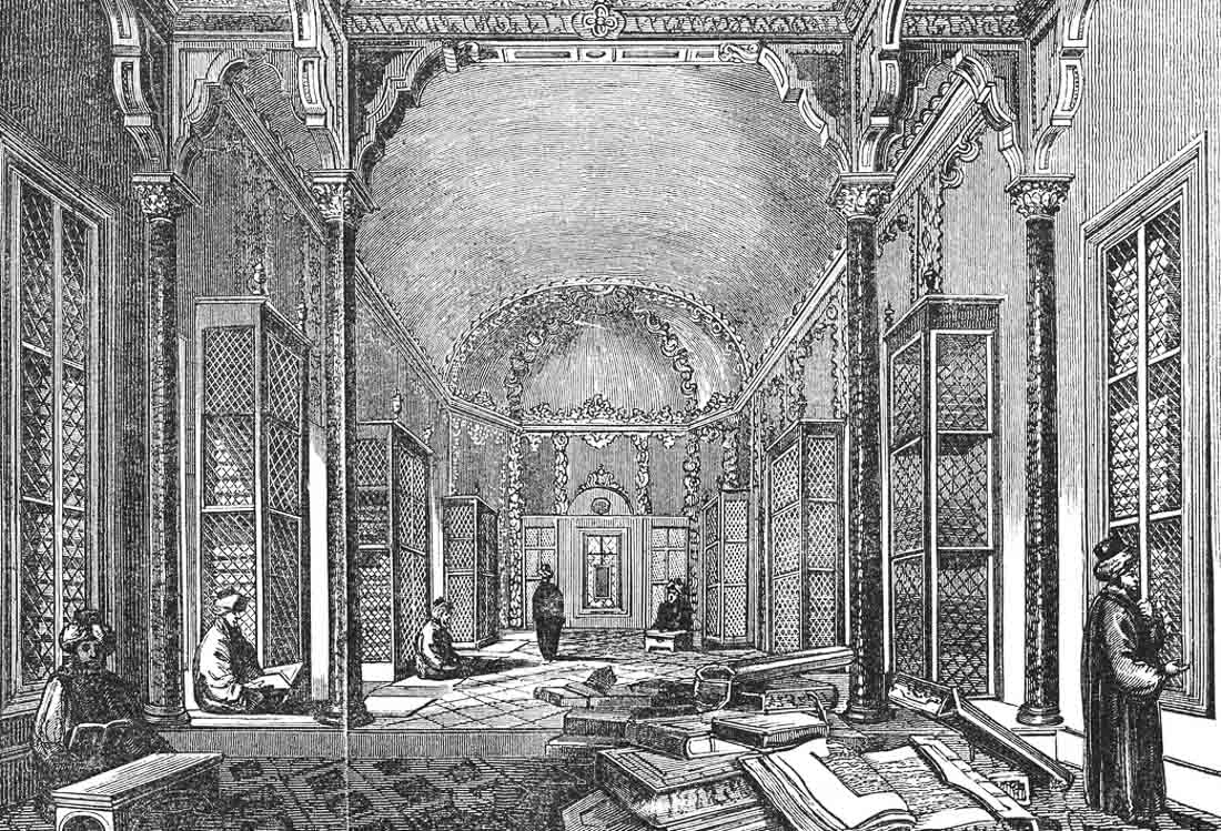 Old Library With Experts Reading Black and White Vintage Etching